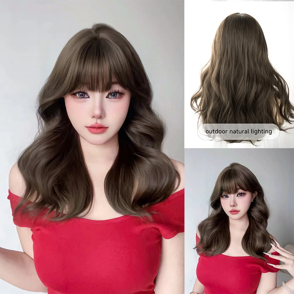 20Inch Cool Brown Synthetic Wigs with Bangs Long Natural Wavy Hair Wig for Women Daily Use Cosplay Drag Queen Heat Resistant