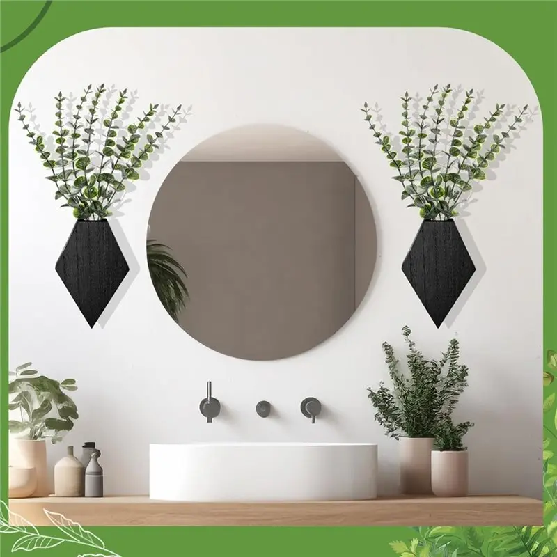 A69ehanging Fake Plants Included-Wooden Wall Flowerpot Decoration 2 Pcs, Black Geometric Solid Wood Bracket