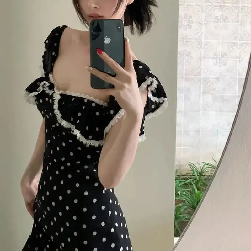 

Female Clothing Square Collar Lace Dresses Polka Dot Summer New Stylish Ruffles French Style Flying Sleeve Aura Waist Long Dress