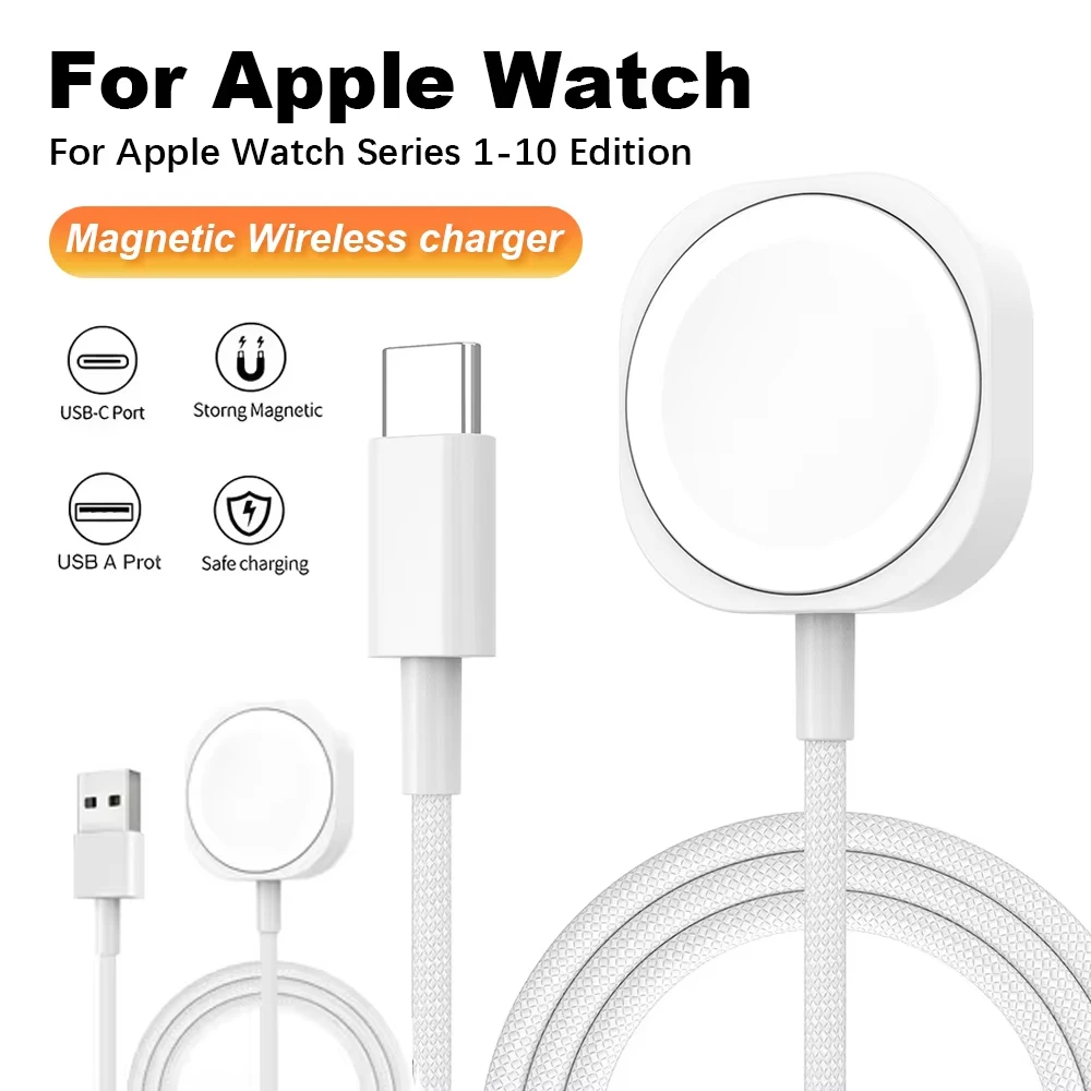 Cabo de Carregamento Rápido Magnético Sem Fio USB A Tipo C para Apple Watch Series 10 9 8 7 6 5 4 3 2 1 Ultra Edition iWatch