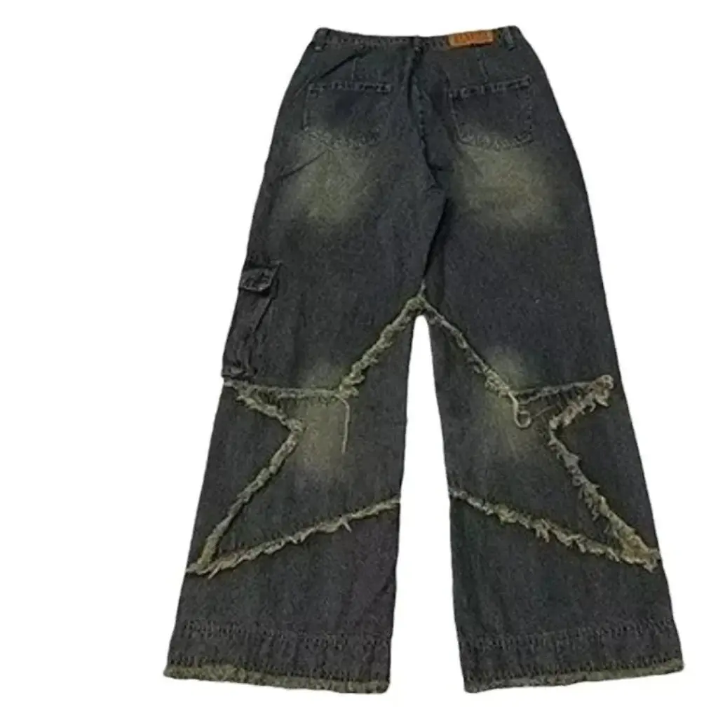 

Men's Retro American Style Jeans with Large Pockets Five-pointed Star Design Antique Washed High Street Workwear Wide-leg