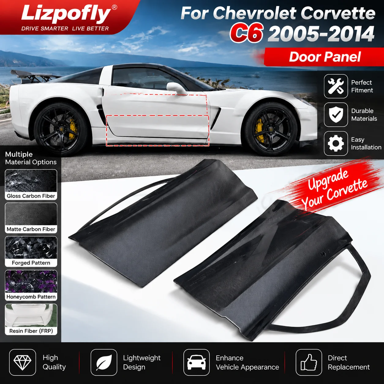 Lizpofly Real Carbon Fiber Outer Door Skin Cover For Chevrolet Corvette C6 2006-2013 Side Exterior Door Trim Panel Overlay