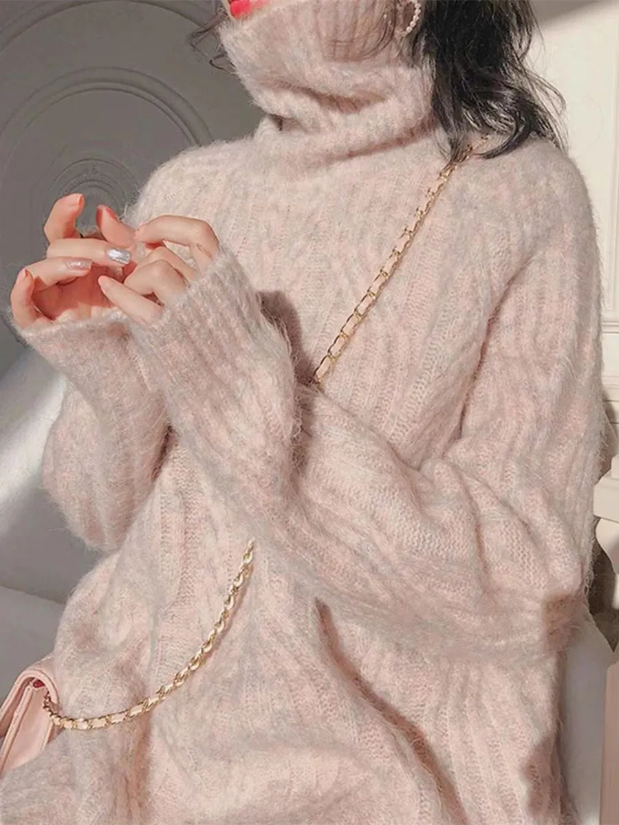 

Thiened вязаный свитер женский осенне-зимний с высоким воротником Turtlene Twist свободного покроя теплый трикотаж винтажный ленивый сле