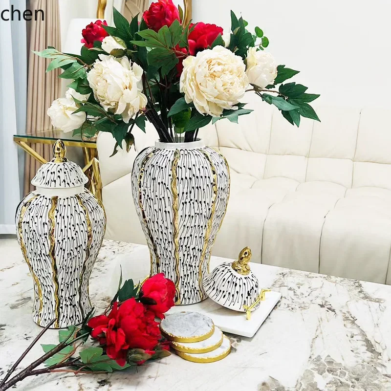 DSAelectroplated ceramic hand-painted black glaze striped general jar open-top vase ornament