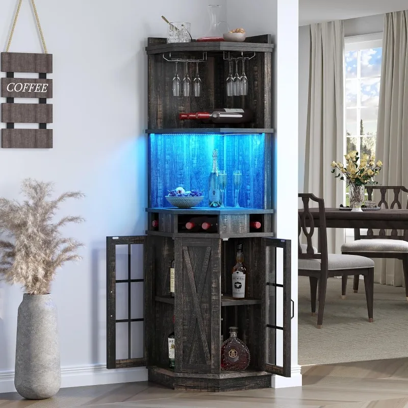 

Corner Bar Cabinet with Glass Door LED Lights 72" Tall Farmhouse Liquor Cabinet Bar with Glass Wine Holder Dark Rustic Oak