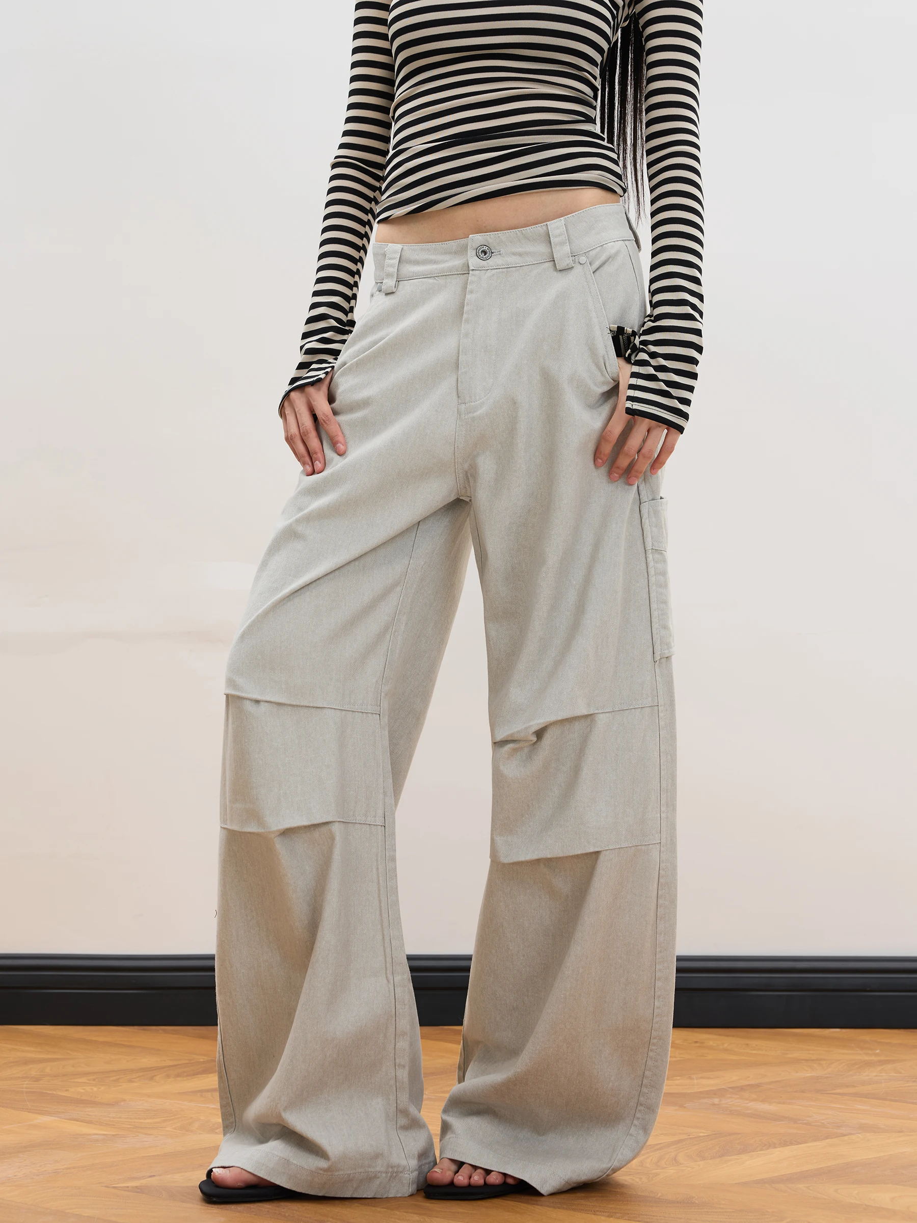 Junecut American Street Style Washed Pleated Multi-Pocket Work Pants Retro Loose Straight Casual Trousers for Women