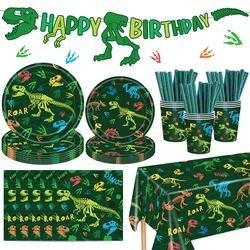 Dinosaur Theme Disposable Tableware Paper Plates Cups Napkins Tablecloth Banner  Boys Dinosaur Birthday Party Decor Supplies
