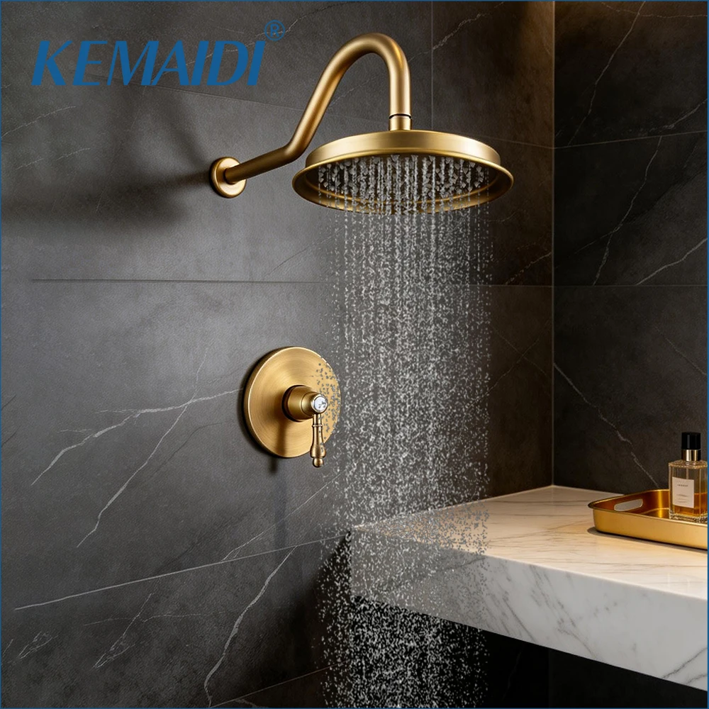 

KEMAIDI Vintage Brass Shower System Concealed Rainfall Shower Head Set with Single-Handle Mixer Tap Antique Brass Shower Faucet
