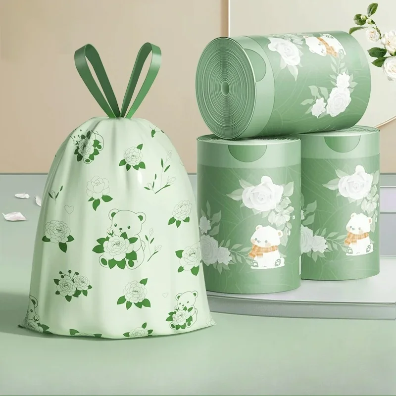 60 pieces of printed non-stick garbage bags, household portable cleaning plastic bags, scented drawstring garbage bags