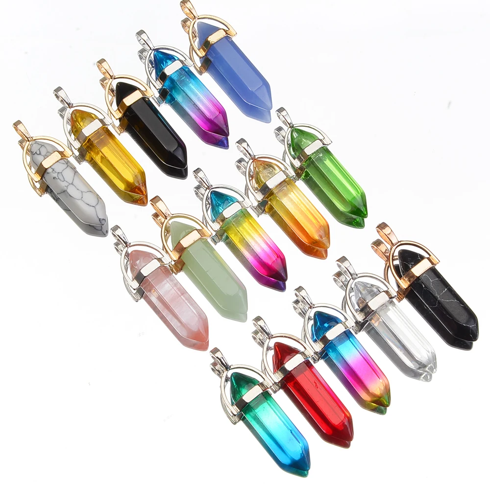 20PCS/set Random Fashion Hexagonal Column Pendants, Mixed Color Chakra Natural Stone Crystal Multi-color Pendant Necklace