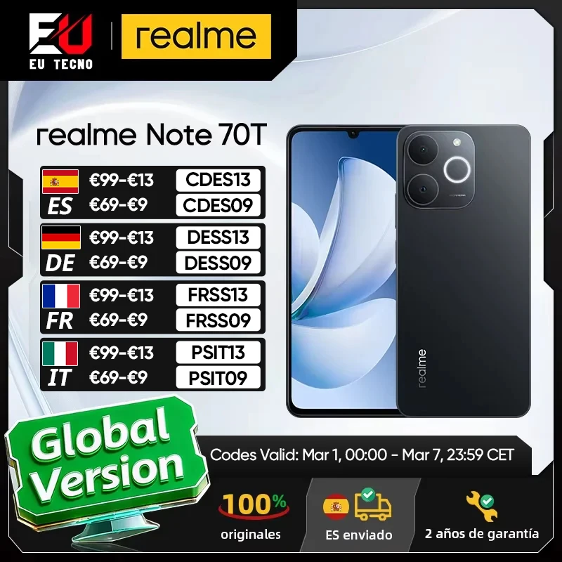 Realme Note – Smartphone 70T, Version mondiale, écran 6.75 pouces 90Hz, batterie 6000mAh, caméra Al 13MP, Chipset octa-core IP54
