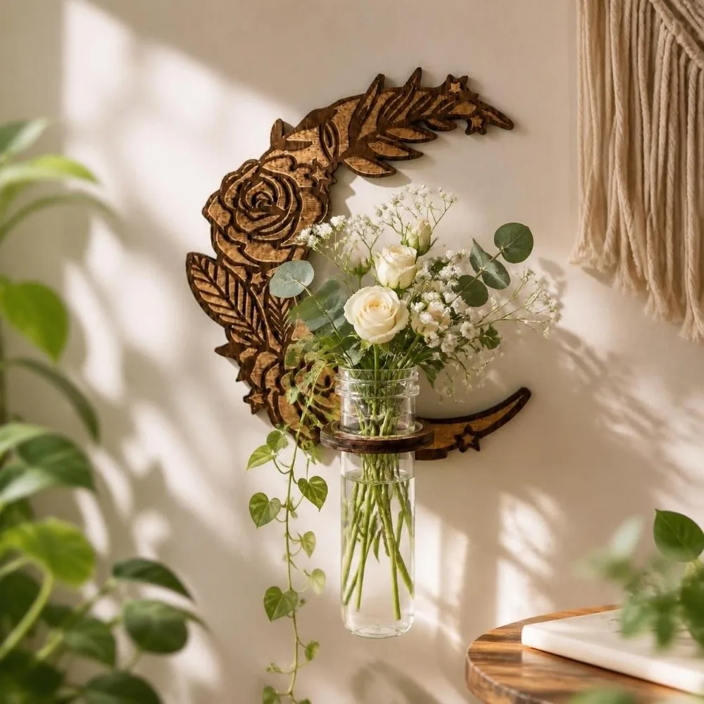 Wooden Hydroponic Planter Shelf Vase Home Ornaments Plant Flower Pot Sun Moon Flower Wall Mounted Planter Living Room