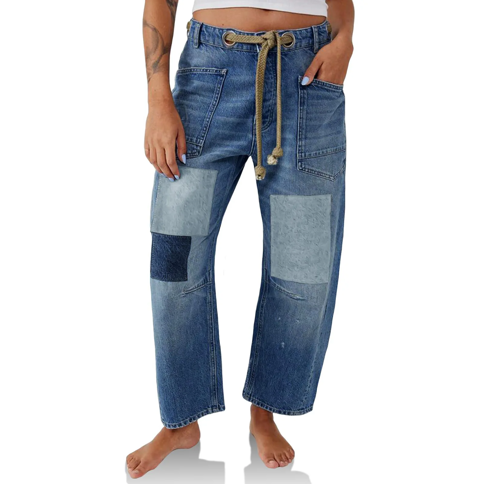 Jeans Women Denim Pants Straight Trousers Drawstring Long Pant Casual Loose Y2k Streetwear Button Pocket Splice Mom Jeans