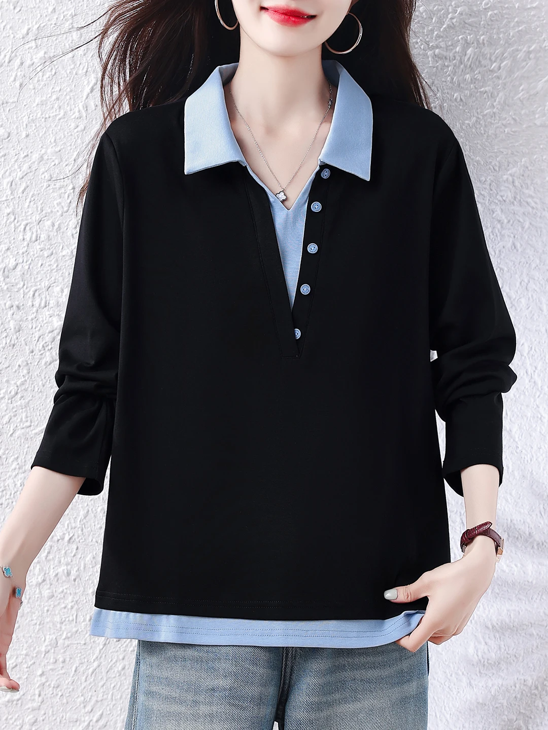Outlet Store Fake Two-Piece Long Sleeve  Shirt Women's Autumn T-Shirt Casual Style Cotton Fabric Mid-Length Design