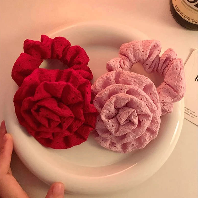 Women Red Rose Flower Elastic Hair Band For Women Girls Hair Rope Ties Flower Hair Scrunchie Ponytail Holder Hair Accessories