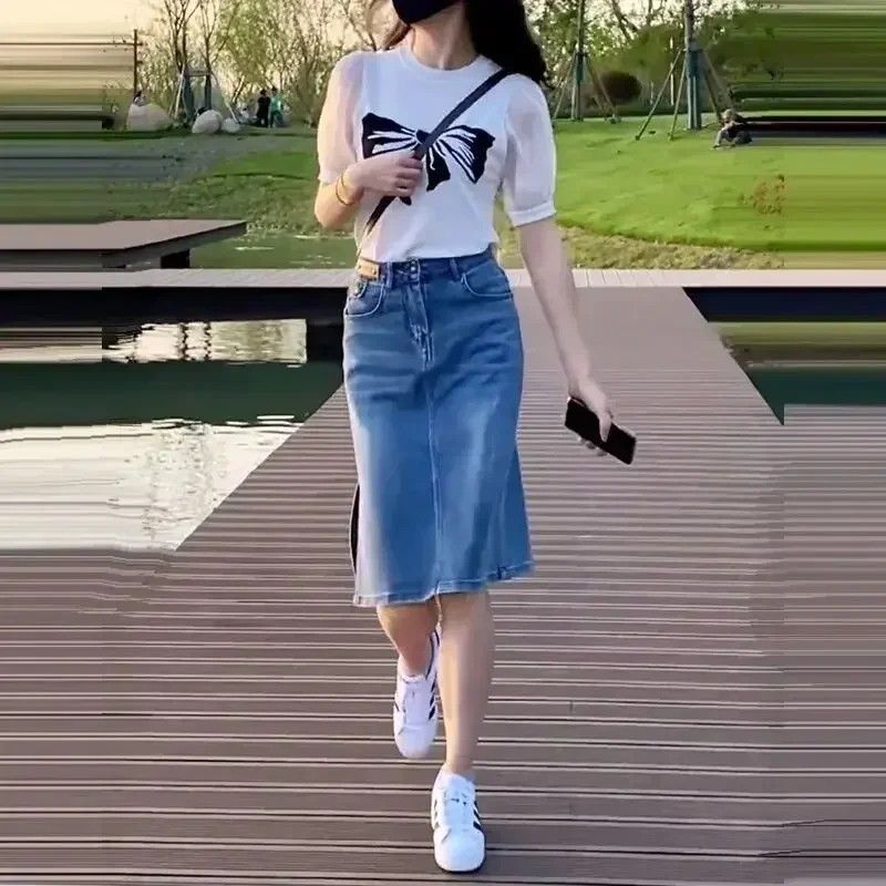 Skirts for Women To Knees Length Womens Skirt Jeans Denim Pencil Clothing with Slit Y2k Trend High Quality Summer 2024 Fashion V