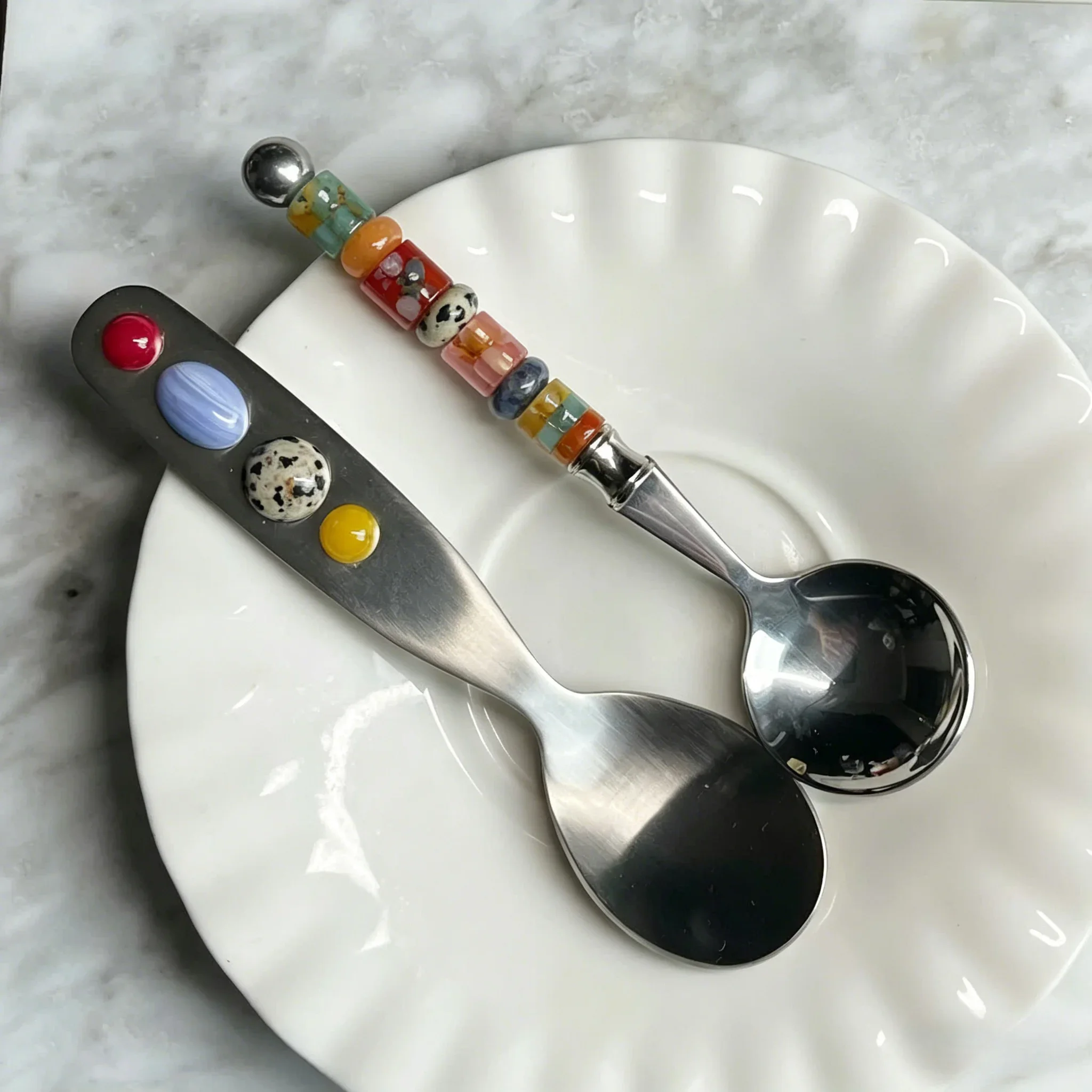 Vintage French Style Colorful Natural Stone Beaded Handle Stainless Steel Coffee Spoon, Handmade Dessert Tea Spoon, Aesthetic Cu