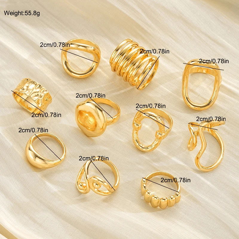 New 10Pcs/Set Irregular Smooth Rings Set for Women Geometric Exaggerated Gold Color Finger Rings Vintage Fashion Party Jewelry image 6
