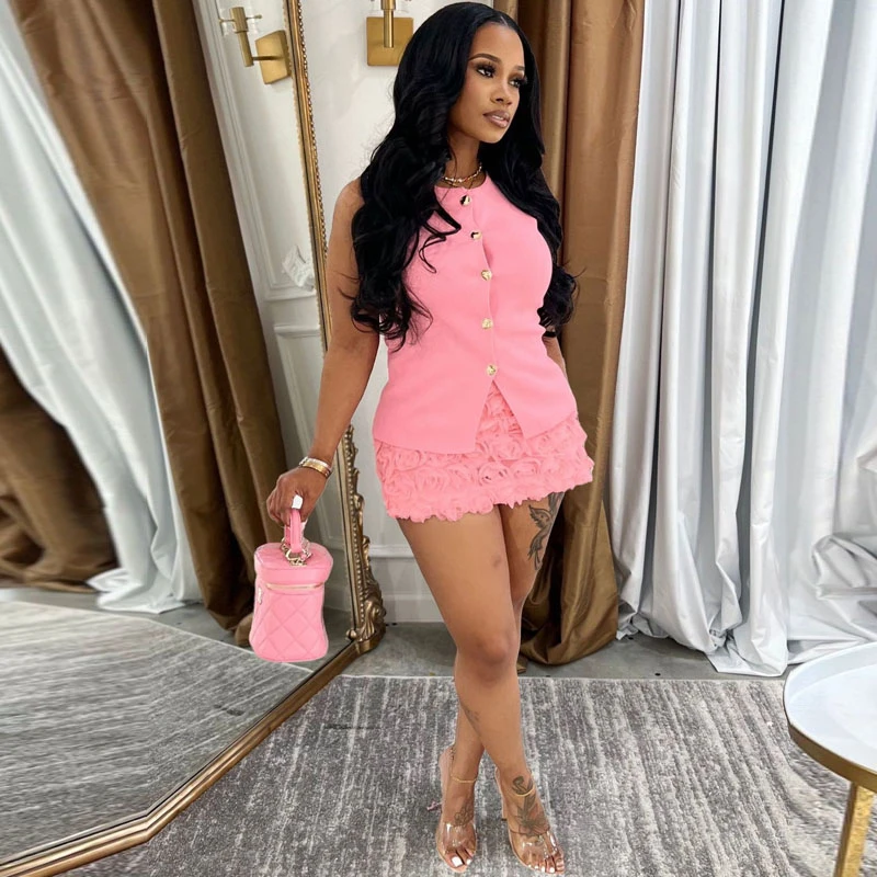 Elegant 3D Flower Skirt Set Women Chic Sleeveless O-neck Single Breasted Top Hip Package Mini Skirt 2 Piece Birthday Party Suits