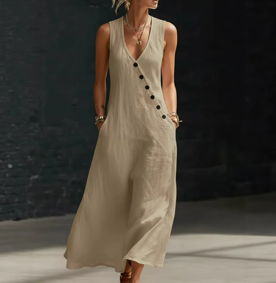 2026 Sommer Damen Baumwoll-Leinen A-Linien-Maxikleid mit V-Ausschnitt, ärmellos, asymmetrisch, Knopfleiste, Westenkleid, locker geschnitten, lässig, für den Urlaub am Strand – Detail 16