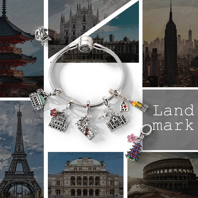 الأصلي 925 فضة سحر الخرز باريس ايفل القلعة الكنيسة قلادة صالح سوار الإسورة قلادة المرأة DIY بها بنفسك مجوهرات هدية