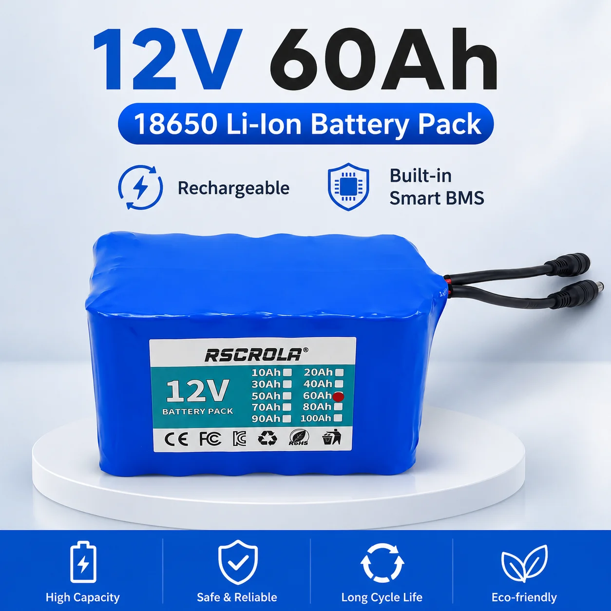 12V 60Ah Wiederaufladbarer Li-Ionen-Akku mit Integriertem Smart BMS, Hochkapazitäts-Lithium-Batterie für Solar-LED-Beleuchtung, CCTV, DIY-Stromversorgung