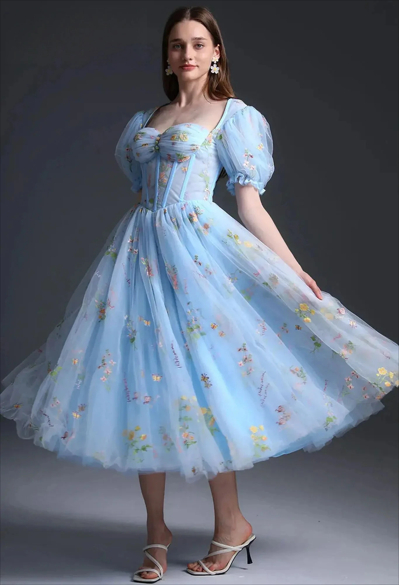 فستان حفلة موسيقية مشد بأكمام منتفخة على شكل قلب مزين بالزهور مع ثوب مسائي برباط بطول الشاي مناسب حسب الطلب #3