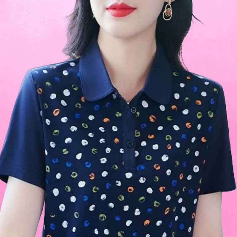 Mode Revers Korte Mouw Gedrukt Polka Dot Polo Shirts Dameskleding 2025, Zomer Nieuwe Losse Casual Tops Commuter Tee Shirt