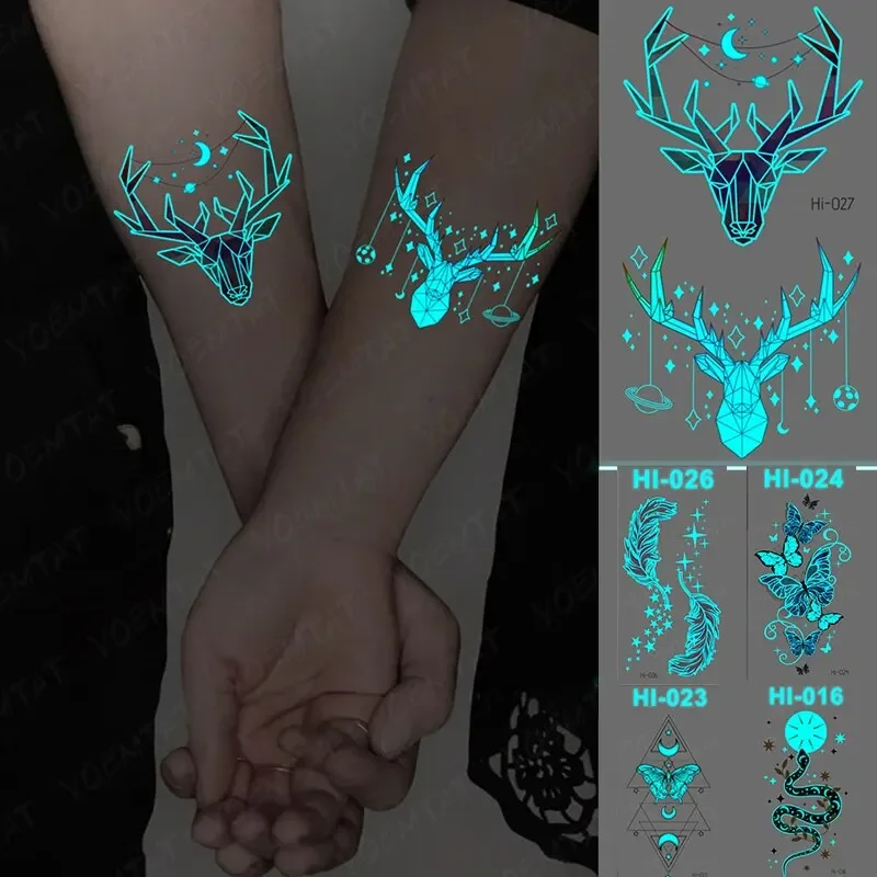 

5PCS Luminous Waterproof Temporary Tattoo Sticker Antlers Feather Butterfly Snake Glow Flash Tatto Women Men Arm Fake Tattoos