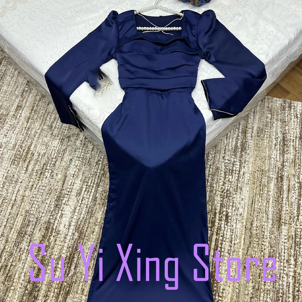 Crystal Satin Lace Up Back Square Neck Long Sleeves Floor Length Back Slit Sweep Train Graceful Criss-Cross Evening Dress 2024 image 6