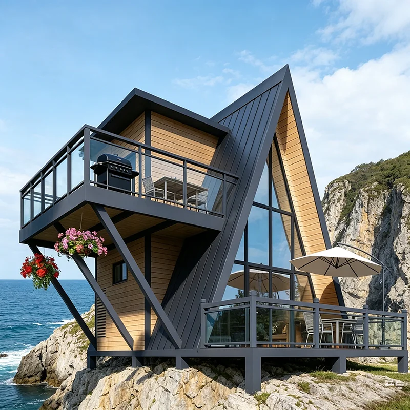 A-Frame Wood Cabin Luxury Prefabricated Triangular Home Heat-Retaining Spacious Balcony Outdoor Resort Camping Guest House