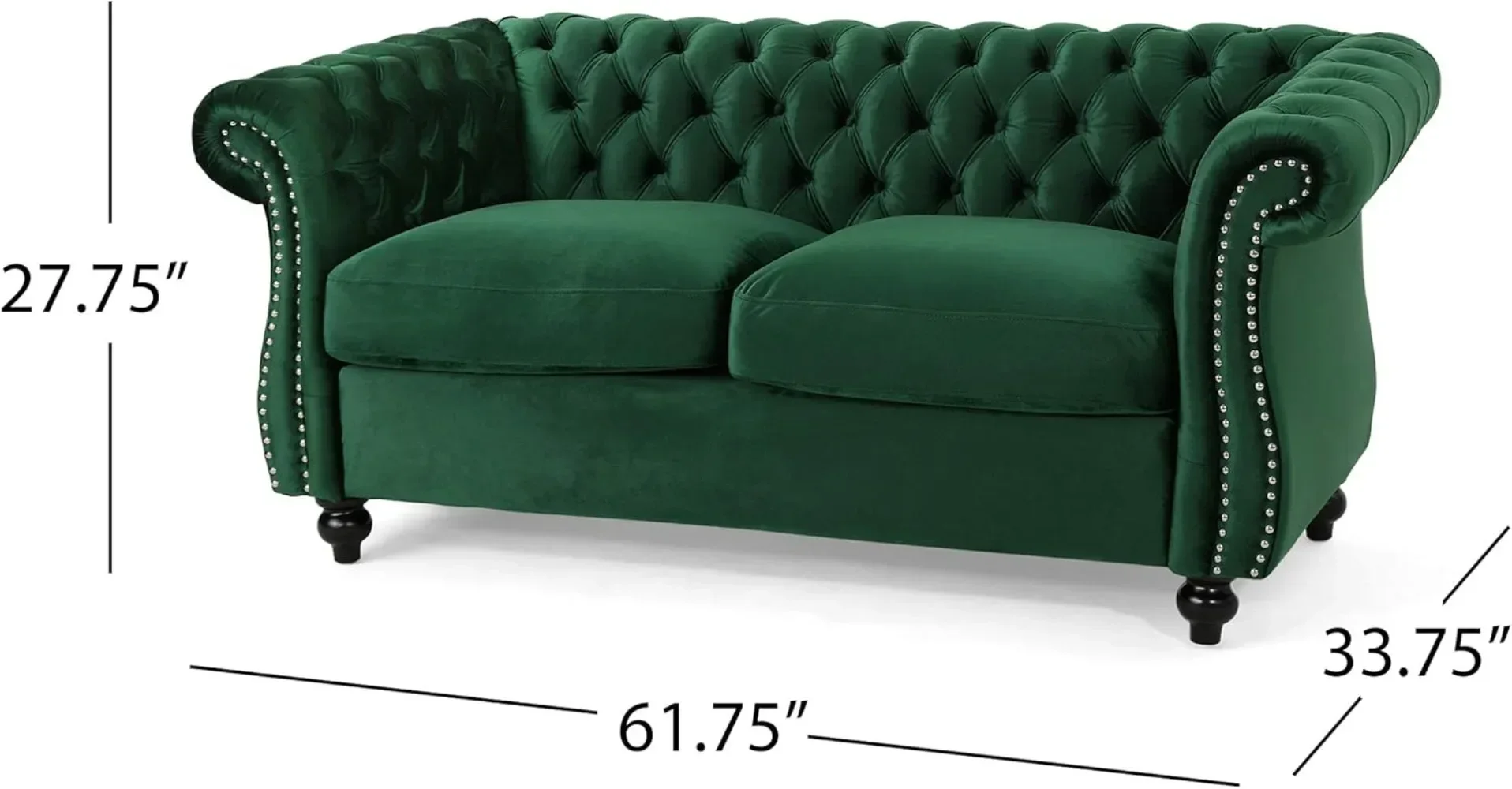 Karen Traditional Chesterfield Loveseat Sofa, Emerald and Dark Brown, 61.75 x 33.75 x 27.75