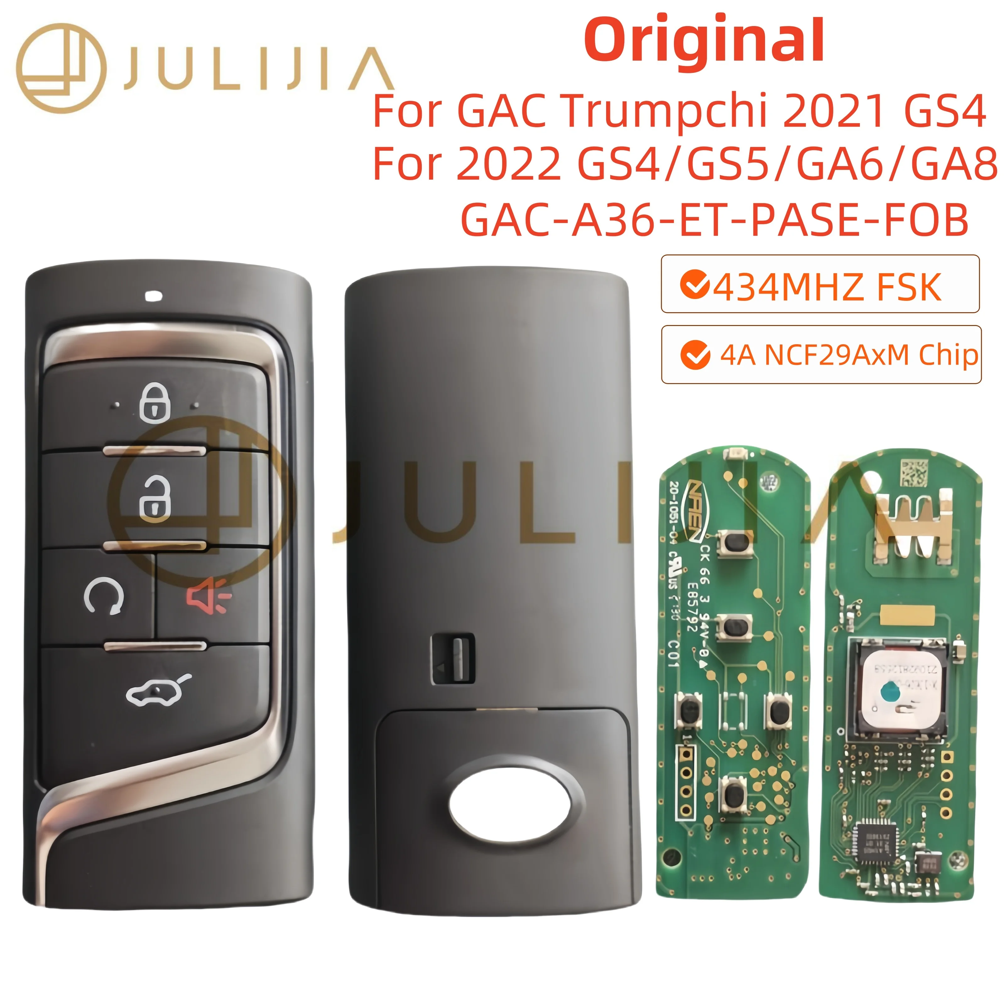 JULIJIA OEM Smart Remote Key 433MHz FSK 4A Chip for GAC Trumpchi GS8 GS4 GS5 GS7 GM6 GM8 GS55 5 Buttons A30 CMIIT ID: 2016DP6557
