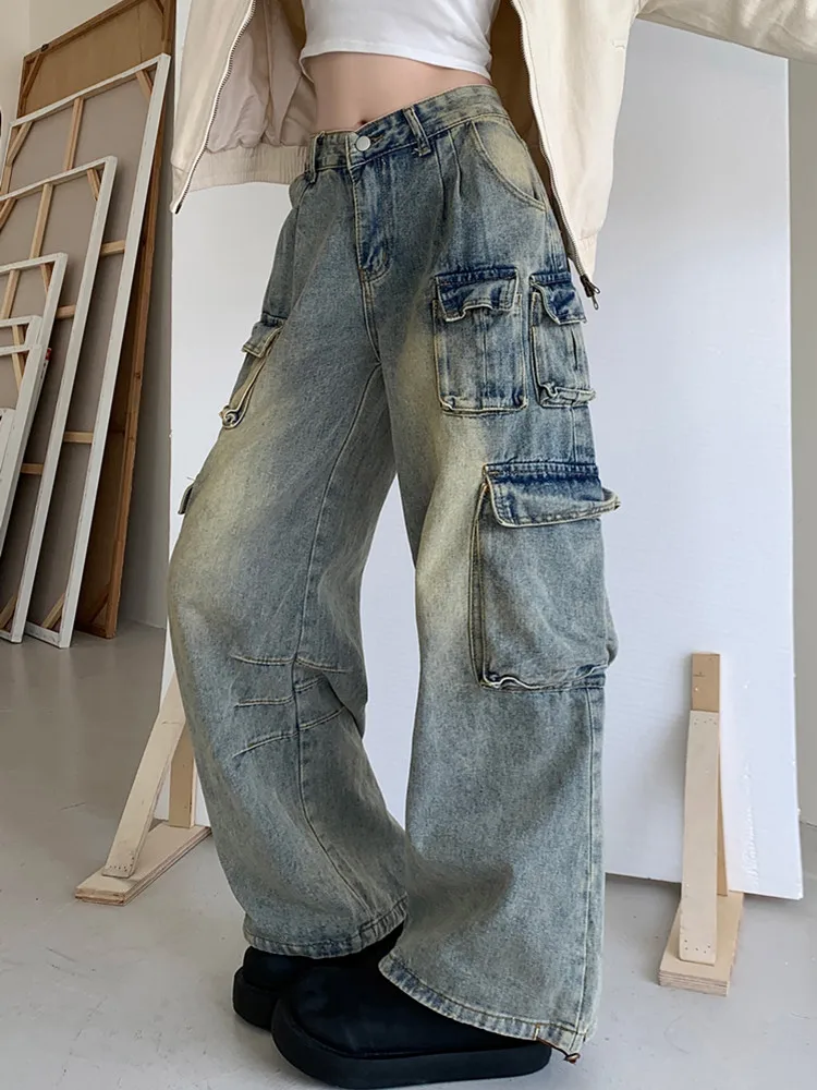 2023 Ropa y2k Grunge Clothes Washed Old Blue Baggy Cargo Jeans Pants For Women Original Wide Leg Straight Female Denim Trousers