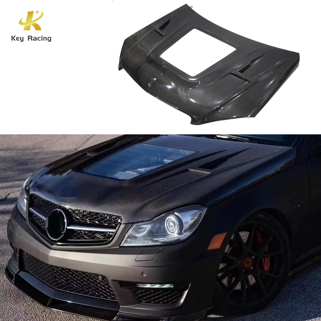 

For Mercedes-Benz C Class W204 C63 AMG Hood Carbon Fiber Front Engine Bonnet Cover with Glass Car Accessories