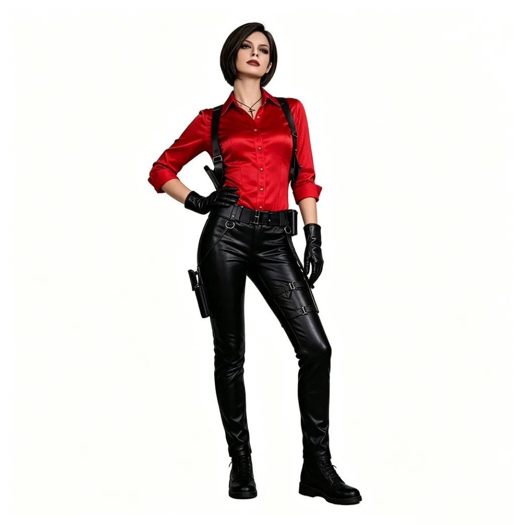 Women's Game Style Spy Costume Red Satin Shirt Black Leather Pants with Tactical Harness Gloves Necklace Full Set