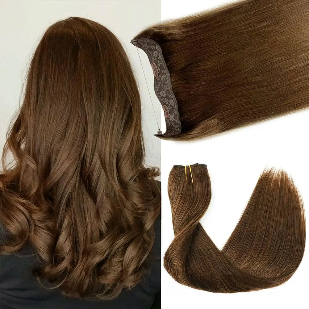 ワイヤーヘアエクステンション-チョコレートブラウン-ストレート人毛エクステンション-隠しワイヤーヘアエクステンション-透明なフィッシュライン付き-4