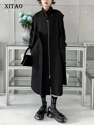 XITAO Black Long Sleeveless Trench Coat Stand Collar Irregular Single Breasted Women Casual Coat Spring All-match New DMJ3933