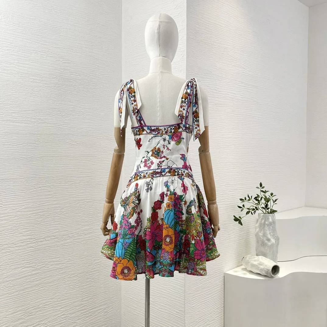 Silk Linen High Quality Beach Style 2024 Sleeveless Multi Color Floral Print Lace Up Bow Tie Shoulder Women Summer Mini Dress