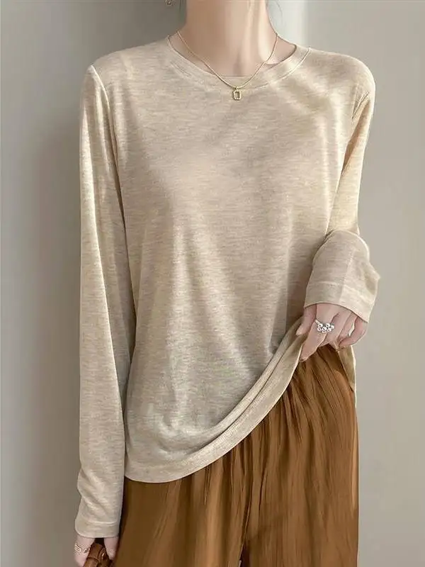 レースルロングスリーブラウンドネック軽量ルーズレディースTシャツシルク春夏インナーTシャツエアコンTシャツ