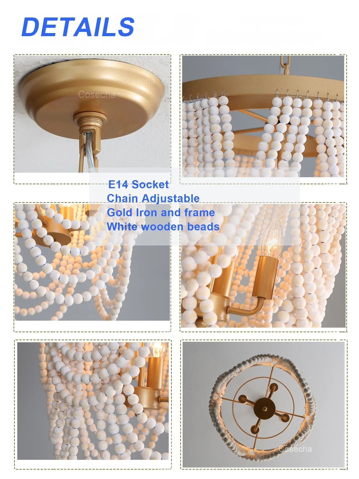 Gold Chandelier Wooden Beaded Lighting Fixture Fringe Hanging Light Kitchen Baby Kids Room Foyer Bedroom Dining Room Wood Lamp