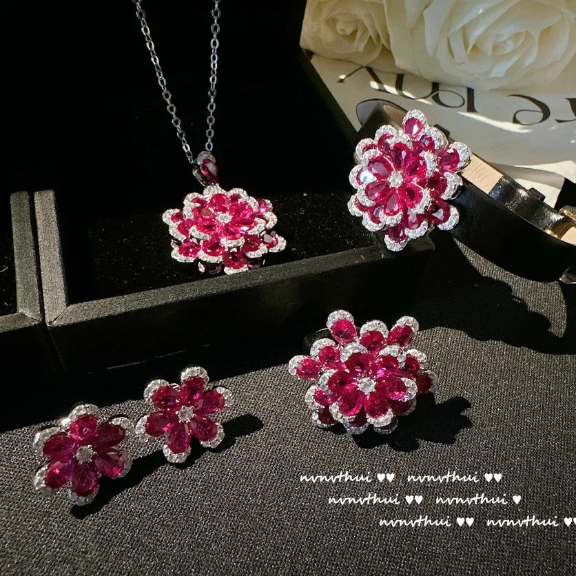 Women\'s New Fashion Jewelry Sterling 925 Silver Delicate Red Zircon Flower Pendant Necklace Earrings Ring Bracelet Set for Women
