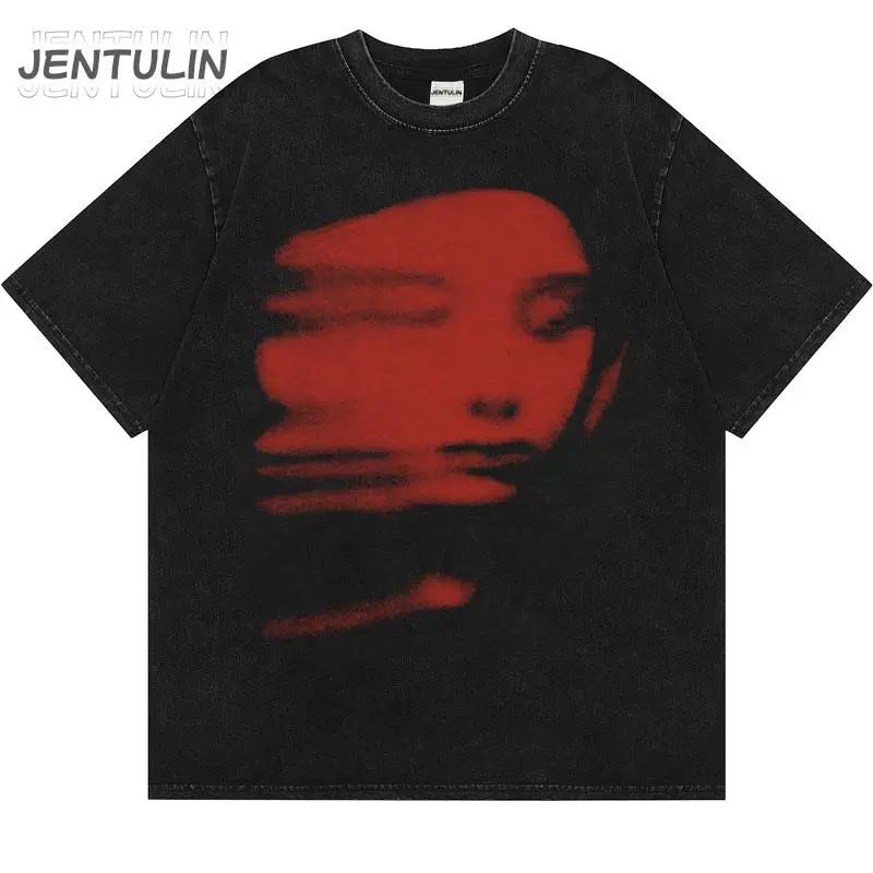 2024 Men Clothing Washed Black T-Shirt Harajuku Streetwear Red Face Graphic T Shirt Cotton Vintage Tshirt Hipster Top Unisex Y2K