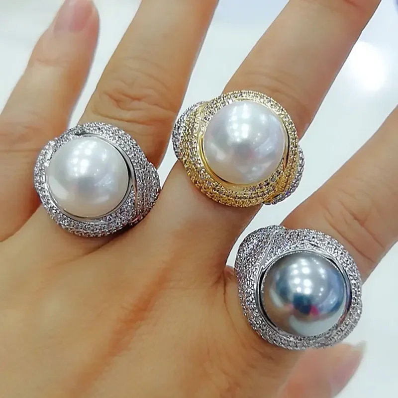 

Kellybola Hot DUBAI Stackable Wedding Big Pearl Rings For Women Bridal Engagement Jewelry Cubic Zirconia CZ Rings Noble Luxury