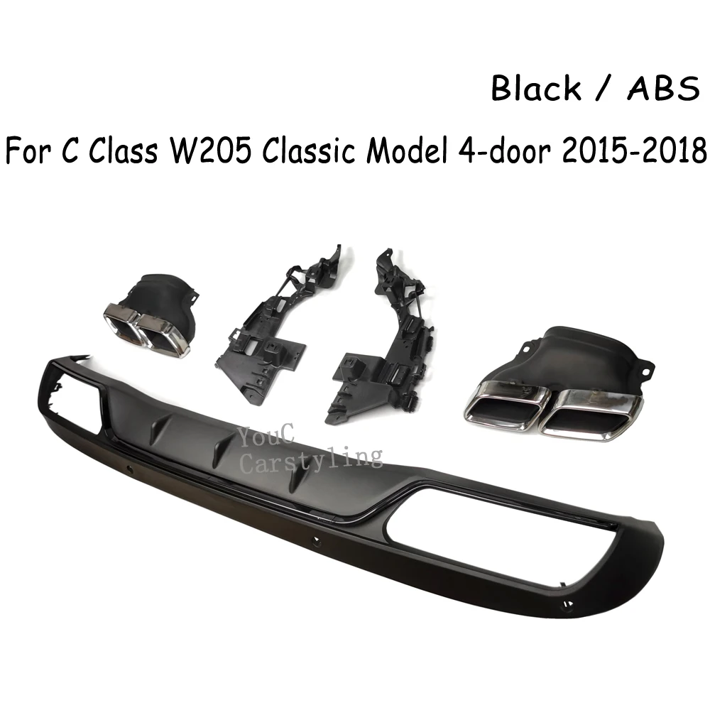 W205 AMG Style Rear Diffuser with 304 Stainless Steel 4-outlet Exhaust Tips For Mercedes C Class W205  C300 C350 2015-2018