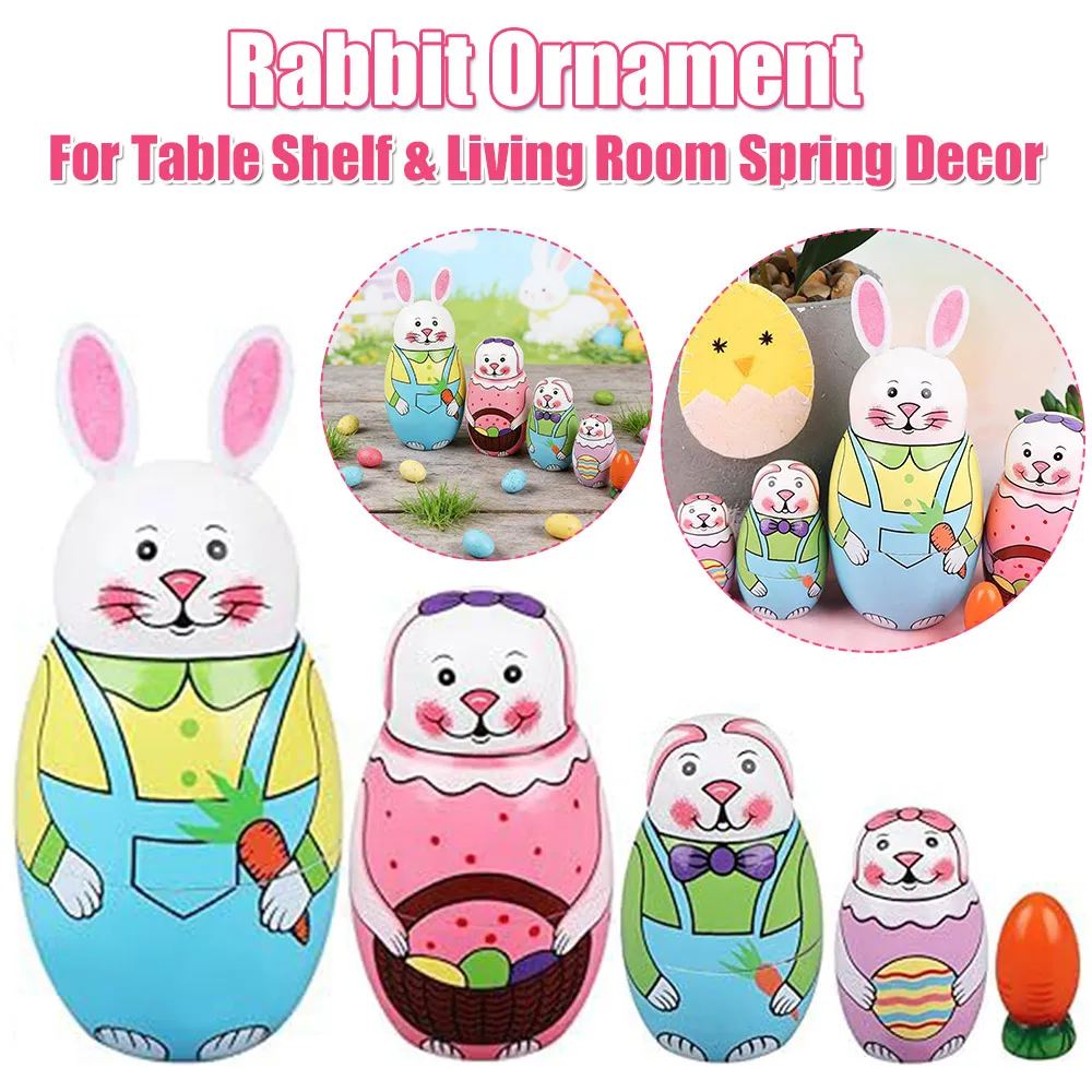 

5pcs Rabbit Russian Nesting Dolls Easter Bunny Wooden Matryoshka Stacking Nested Set Home Decor Collectible Gifts Set