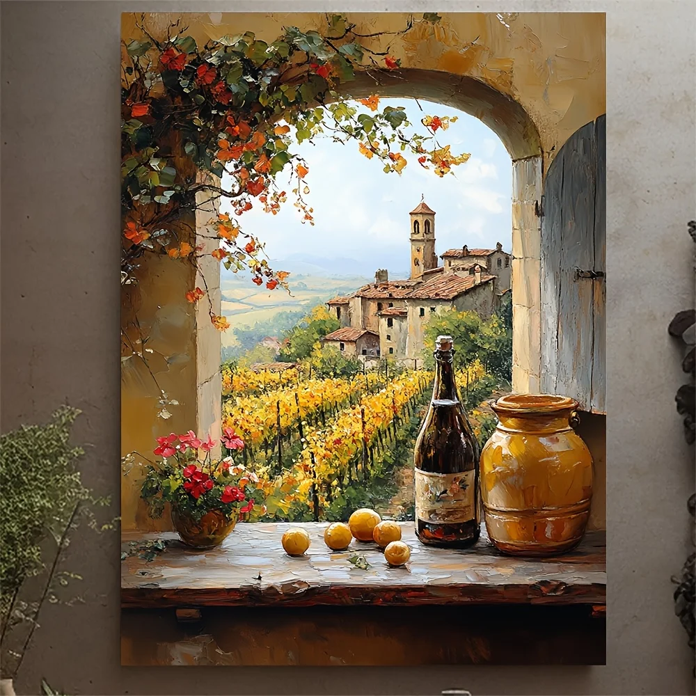 Tuscany Vineyard Window View Canvas Wall Art, 30.48x40.64cm - Rustic Italian Countryside Painting with Warm Mediterranean Tones,
