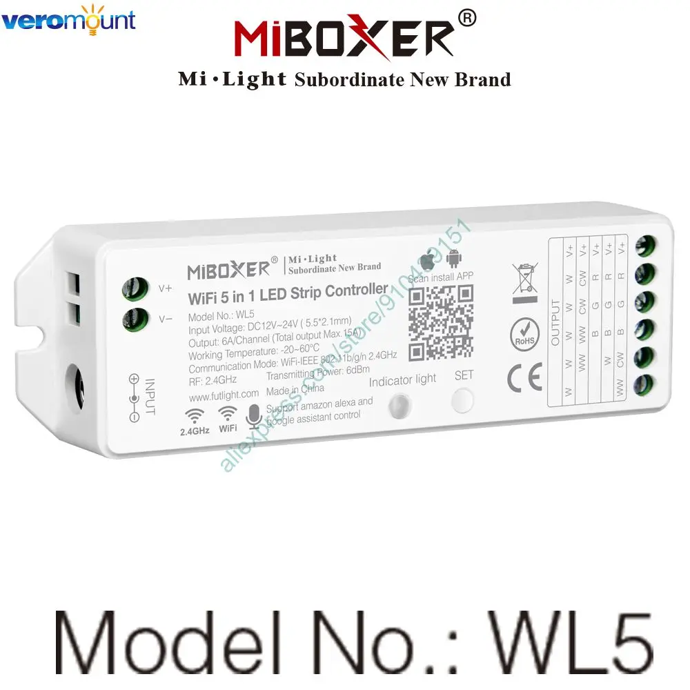 Miboxer WL5 2.4G 5 IN 1 WiFi LED Controller For Single color CCT RGB RGBW RGB+CCT Led Strip APP/TUYA /Third Party Voice Control