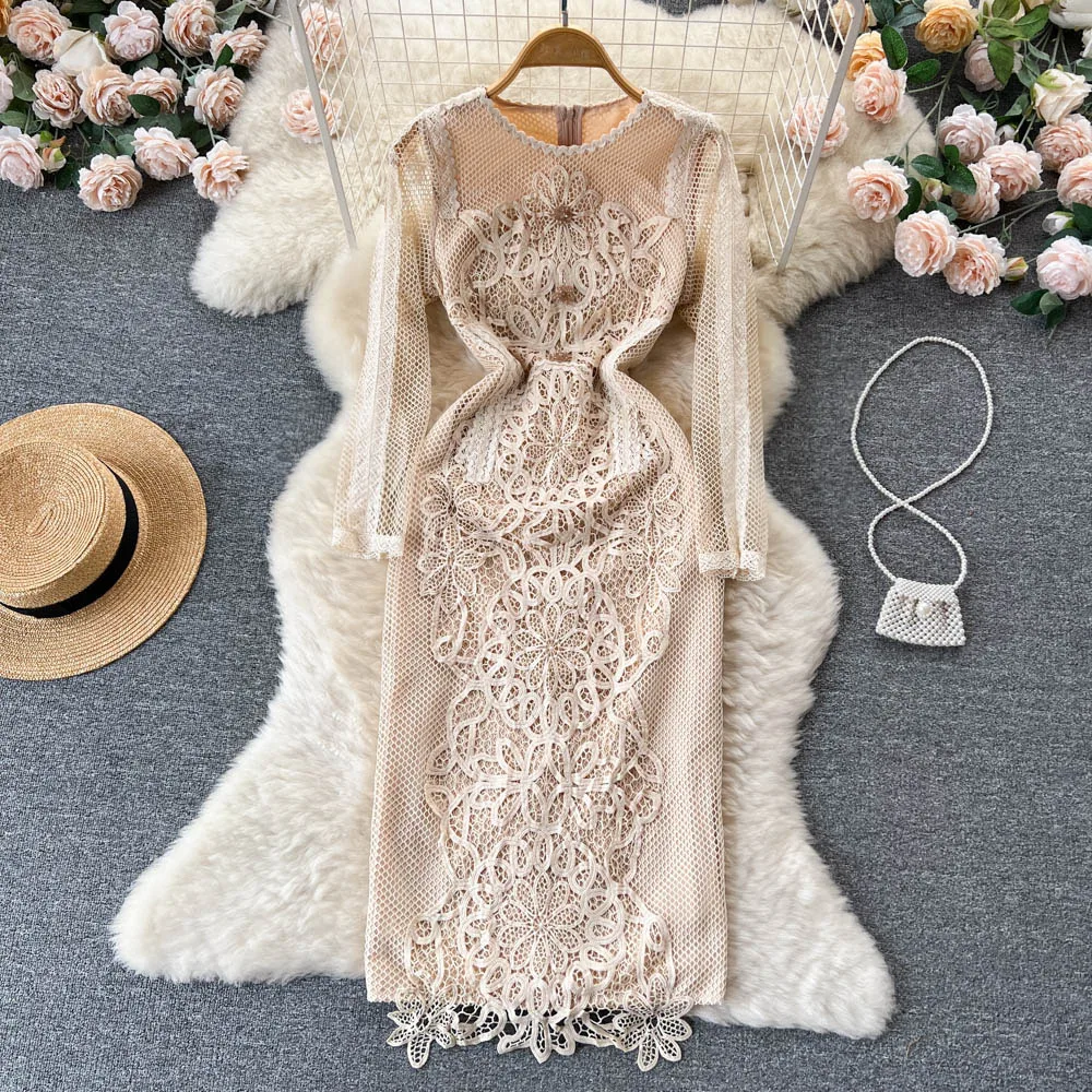 

Summer Sheath Dress for Women Khaki Long Sleeve Hollow Out Luxury Lace Patchwork Bodycon Beach Vacation Female Vestidos New In