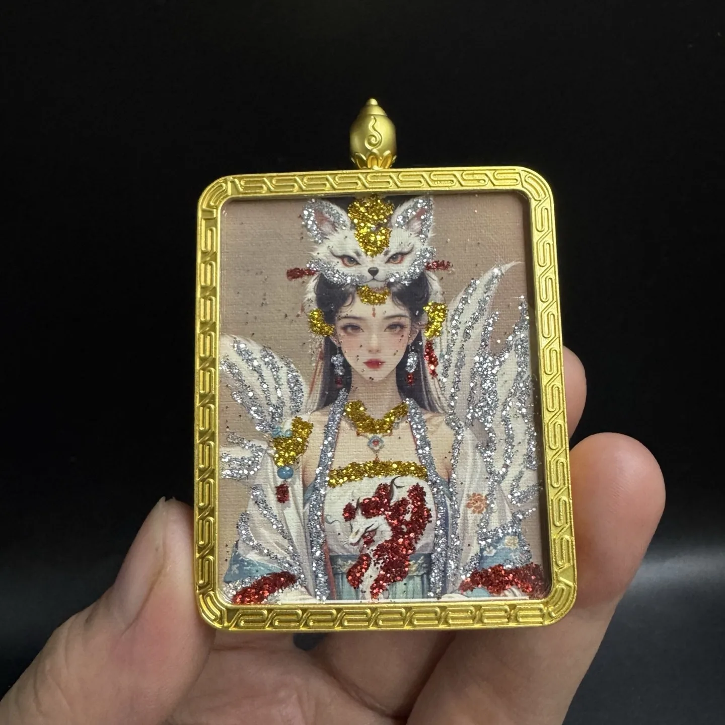 Nine-Tailed Fox Thangka Pendant, Gold Color Titanium Steel Box Necklace Amulet